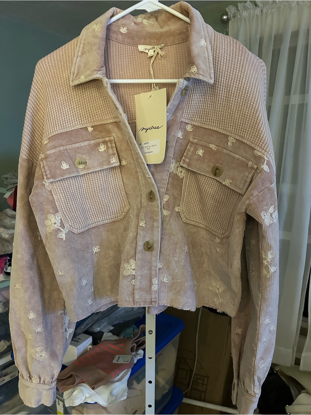 Mystree Embroidered Corduroy Cropped Shacket in Washed Rose